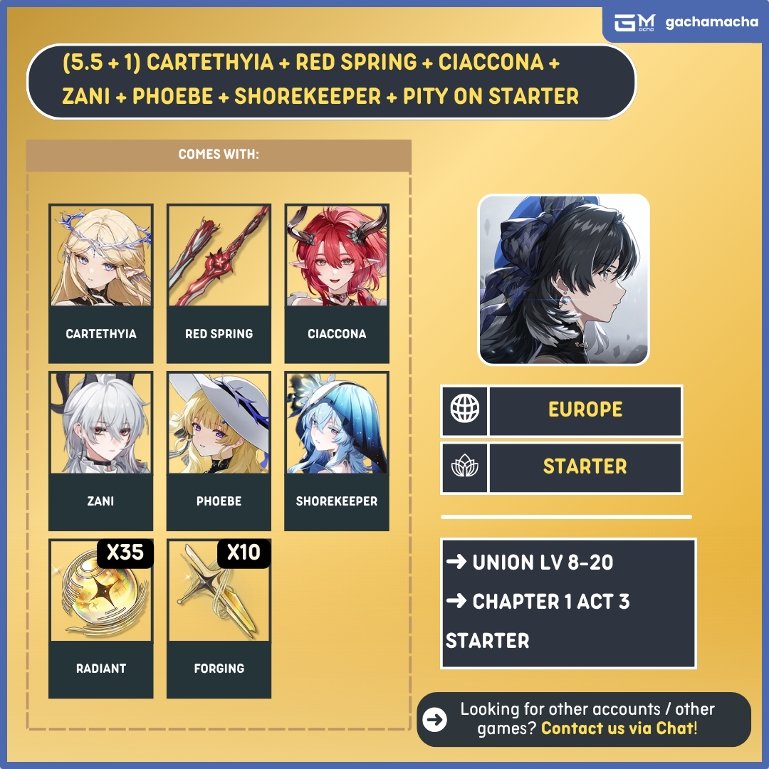 Europe | Wuthering Waves Starter | Cartethyia + Ciaccona + Zani + Phoebe + Shorekeeper + Camellya SigW + 35 + 10 | EU-WW-APX02
