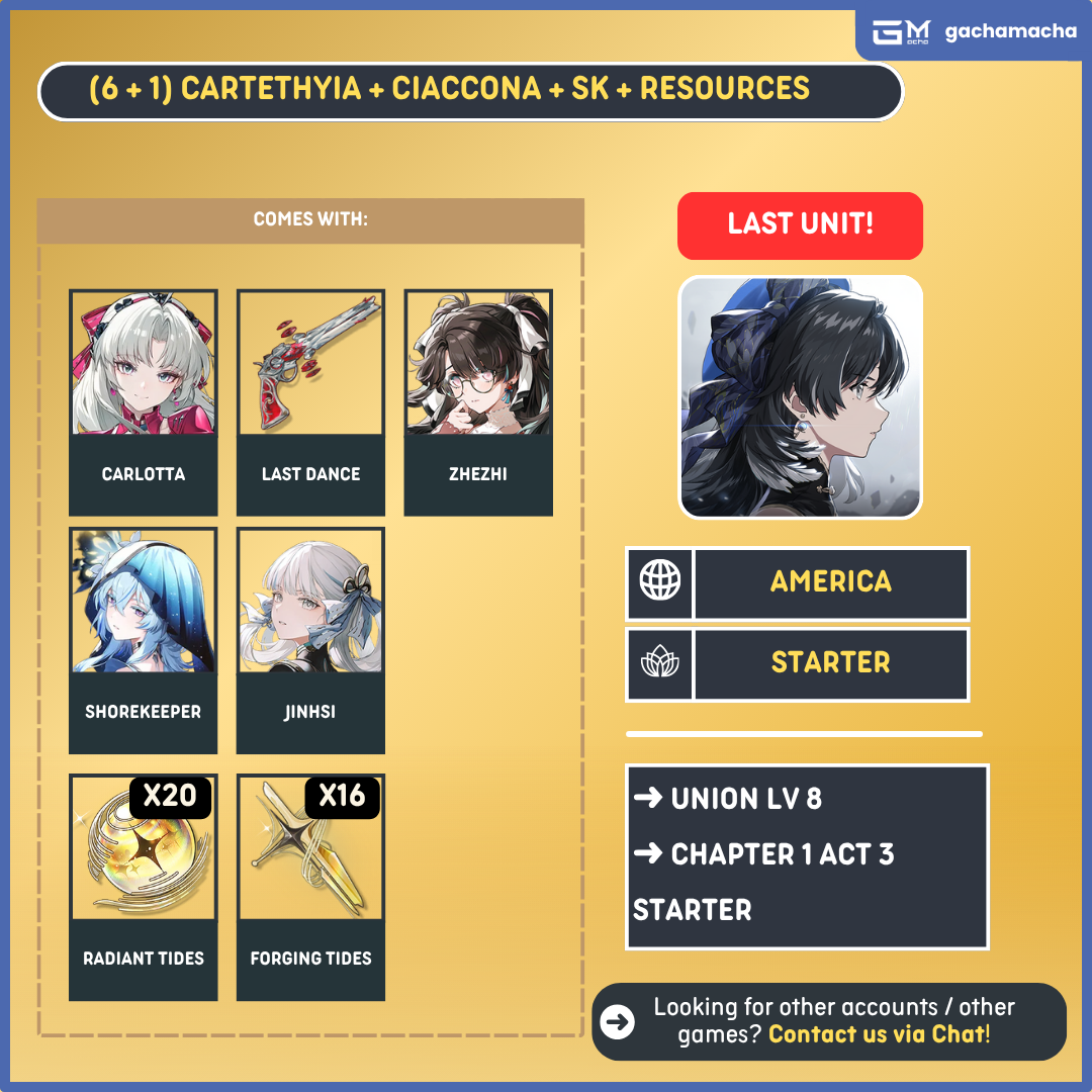 America | Wuthering Waves Starter | Carlotta + Carlotta SigW + Zhezhi + Shorekeeper + Jinhsi + 12 + 16 | NA-WW-APX06