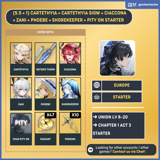 Europe | Wuthering Waves Starter | Cartethyia + Cartethyia SigW + Ciaccona + Zani + Phoebe + Shorekeeper + 47 Radiant + 10 Forging + PITY ON | EU-WW-APX01