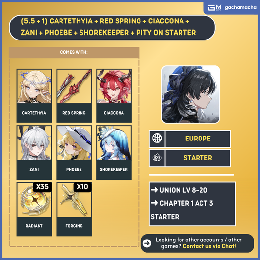 Europe | Wuthering Waves Starter | Cartethyia + Ciaccona + Zani + Phoebe + Shorekeeper + Camellya SigW + 35 + 10 | EU-WW-APX02