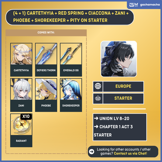 Europe | Wuthering Waves Starter | [EU] Cartethyia + Cartethyia SigW + Zani + Phoebe + Shorekeeper + Emerald of Genesis + 10 Radiant | EU-WW-APX03