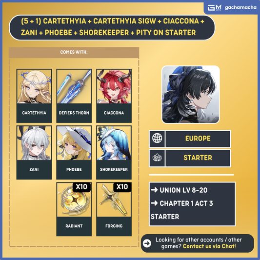Europe | Wuthering Waves Starter | [EU] Cartethyia + Cartethyia SigW + Ciaccona + Zani + Phoebe + Shorekeeper + 10 Radiant + 10 Forging | EU-WW-APX05