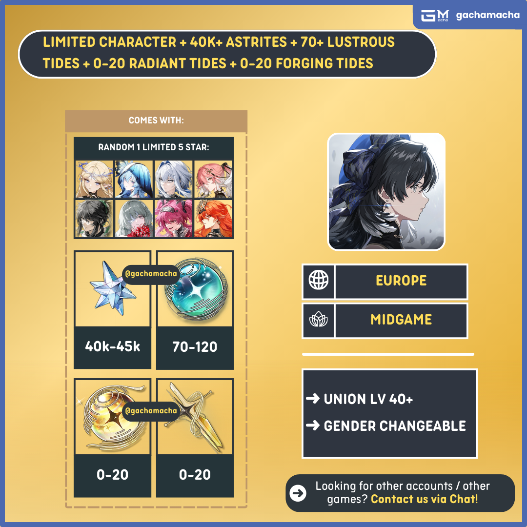 Europe | Wuthering Waves Starter | 5 Star Limited Char + 40k Astrites Resource Account | EU-WW-XY40