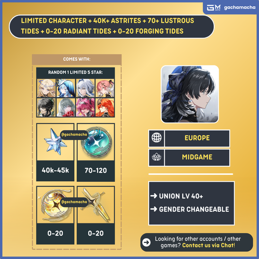 Europe | Wuthering Waves Starter | 5 Star Limited Char + 40k Astrites Resource Account | EU-WW-XY40