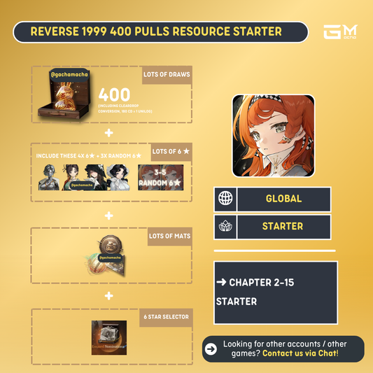 Global | Reverse 1999 Starter | 400+ Unilogs + Lucy + Jiu Niangzi + Semmelweis + Anjo Nala + 3x Random 6 Star | GL-R99-ZD400B