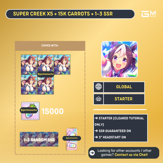 Global | Uma Musume Pretty Derby Starter | 5 Super Creek + 15k Carrot + 1-3 Random SSR | GL-UMA-SC01