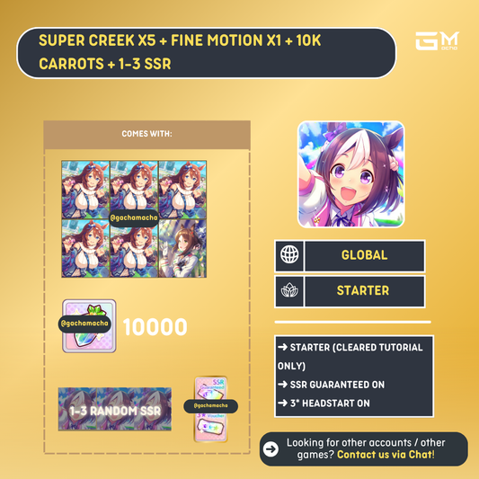 Global | Uma Musume Pretty Derby Starter | 5 Super Creek + Fine Motion + 10k Carrot + 1-3 Random SSR | GL-UMA-SC02