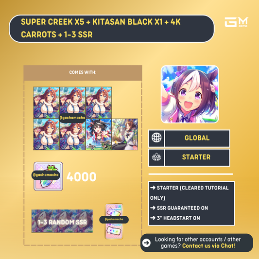 Global | Uma Musume Pretty Derby Starter | 5 Super Creek + Kitasan Black + Fine Motion + 4k Carrot + 1-3 Random SSR | GL-UMA-SC04