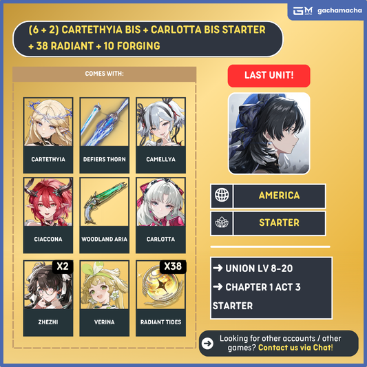 America | Wuthering Waves Starter | Cartethyia + Cartethyia SigW + Ciaccona + Ciaccona SigW + Carlotta + S1 Zhezhi + Camellya + 38 Radiant + 10 Forging | NA-WW-APX01