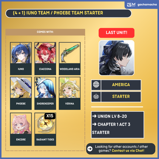 America | Wuthering Waves Starter | Iuno + Ciaconna + Ciaconna SigW + Phoebe + Shorekeeper + Verina + Encore + 15 Radiant | NA-WW-APX03