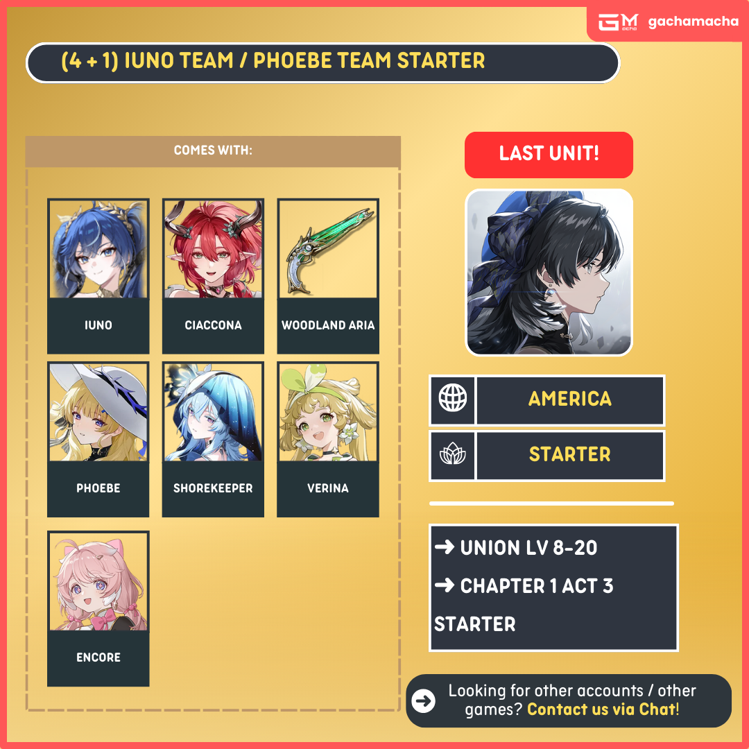 America | Wuthering Waves Starter | Iuno + Ciaconna + Ciaconna SigW + Phoebe + Shorekeeper + Verina + Encore + 15 Radiant | NA-WW-APX03