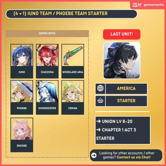 America | Wuthering Waves Starter | Iuno + Ciaconna + Ciaconna SigW + Phoebe + Shorekeeper + Verina + Encore + 15 Radiant | NA-WW-APX03