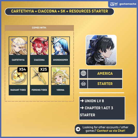 America | Wuthering Waves Starter | Cartethyia + CIaccona + Shorekeeper + Verina + Encore + 54 Radiant + 25 Forging | NA-WW-APX04