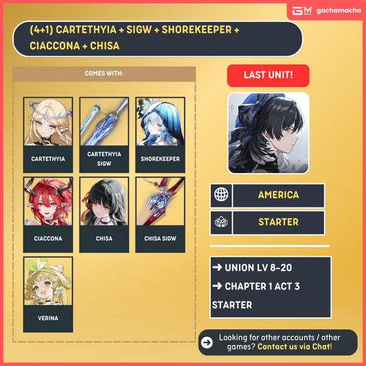 America | Wuthering Waves Starter | Carte + Carte SigW + Ciaccona + Chisa + Chisa SigW + Shorekeeper + 45 Radiant + 7 Forging | NA-WW-APX10