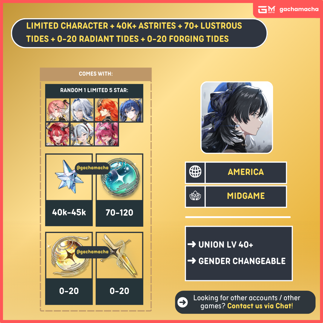 America | Wuthering Waves Starter | 5 Star Limited Char + 40k Astrites Resource Account | NA-WW-XY40