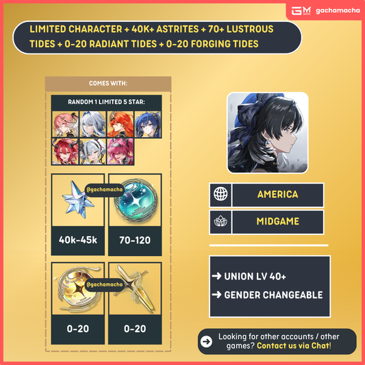 America | Wuthering Waves Starter | 5 Star Limited Char + 40k Astrites Resource Account | NA-WW-XY40